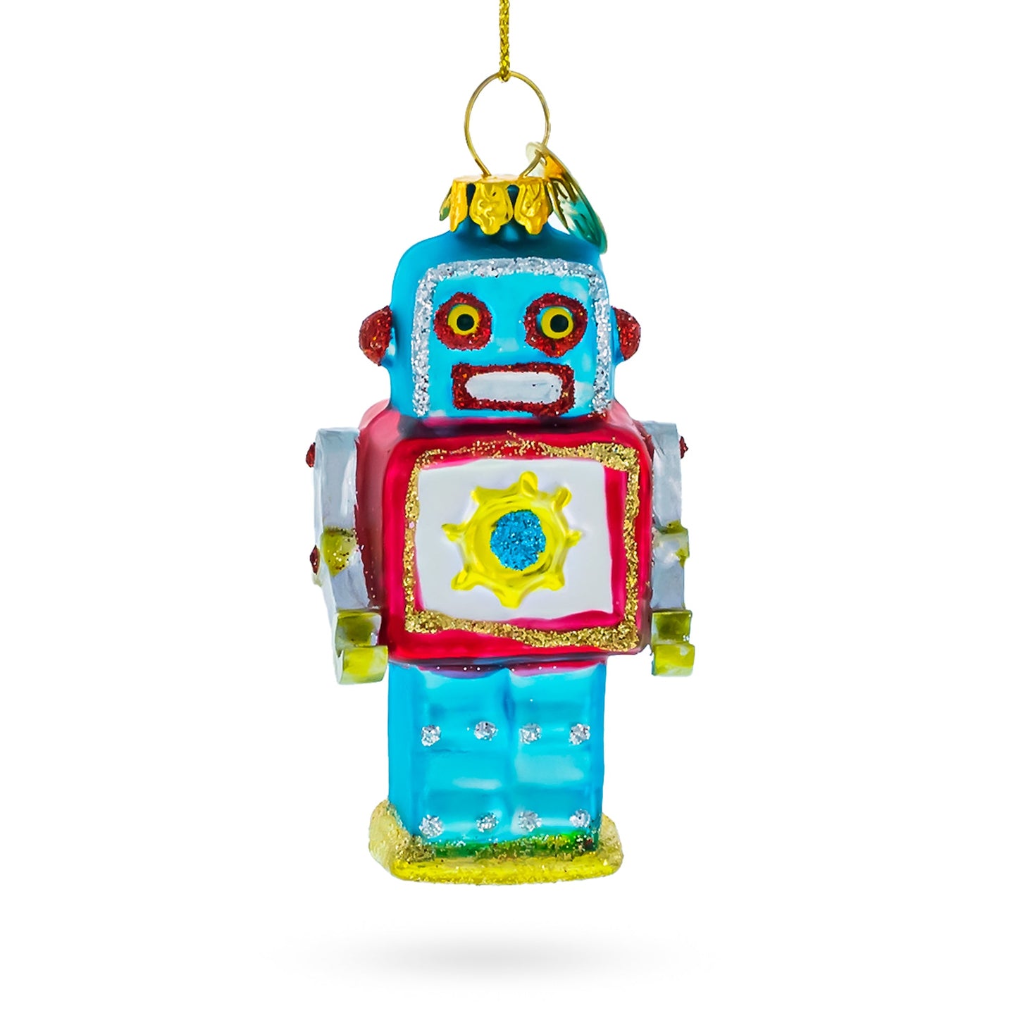 Quirky Square-Headed Robot Blown Glass Christmas Ornament