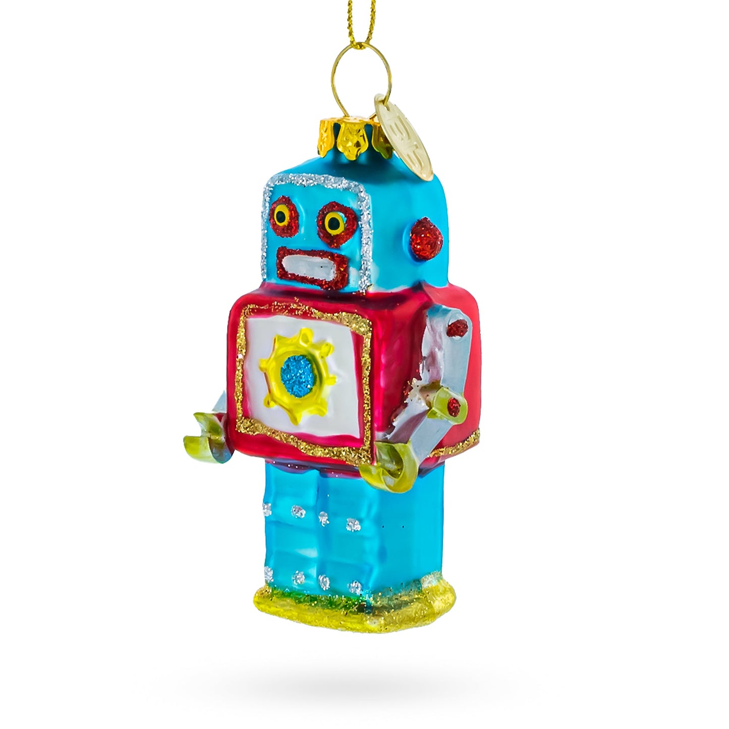 Quirky Square-Headed Robot Blown Glass Christmas Ornament