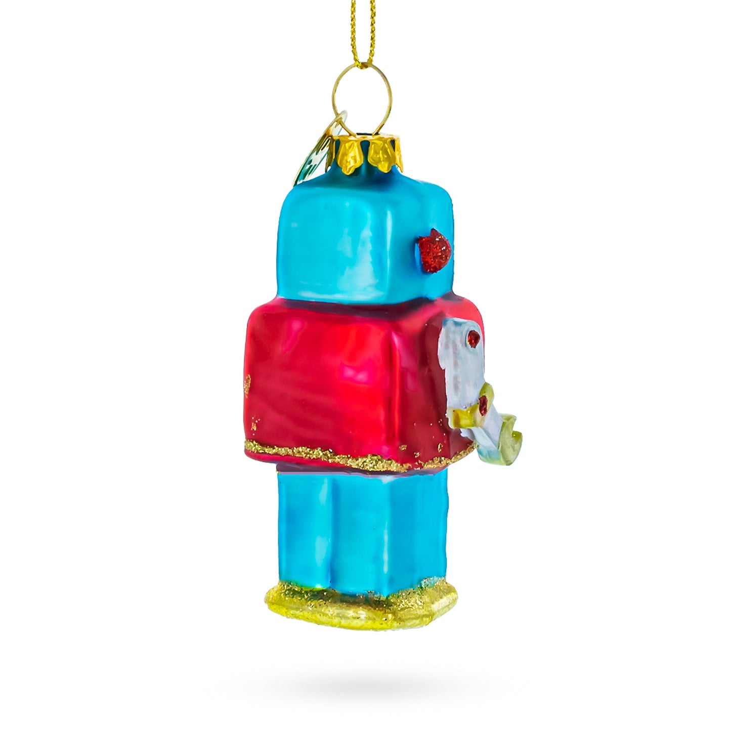 Quirky Square-Headed Robot Blown Glass Christmas Ornament