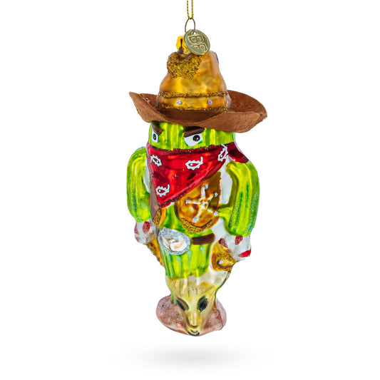 Western Cowboy Cactus Blown Glass Christmas Ornament