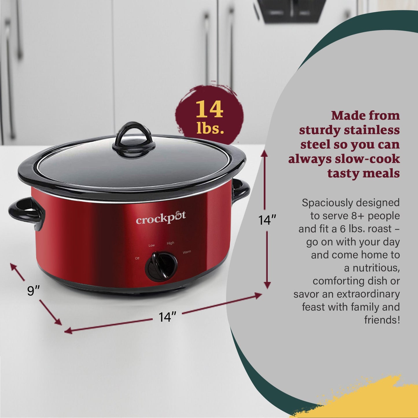 Crock-Pot 7 Quart Capacity Food Slow Cooker Home Cooking Kitchen Appliance, Red