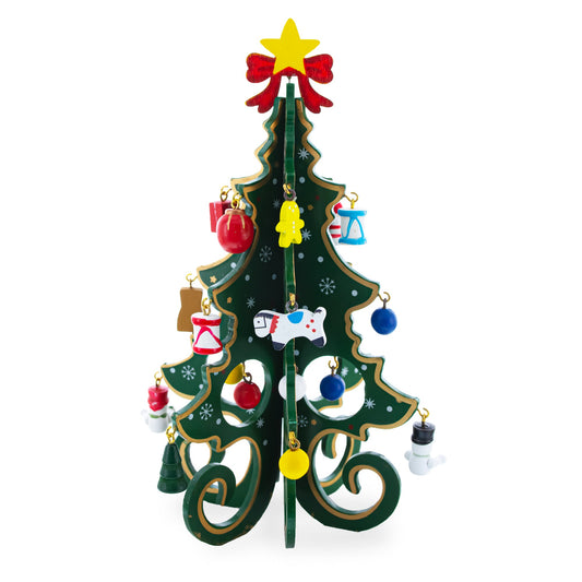 Wooden Tabletop Christmas Tree with Cute Miniature German Style Wooden Ornaments 7.5 Inches