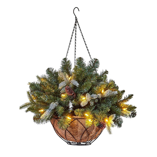 NOMA 24 Inch Evergreen Prelit Vienna Hanging Basket Indoor Outdoor Holiday Decor