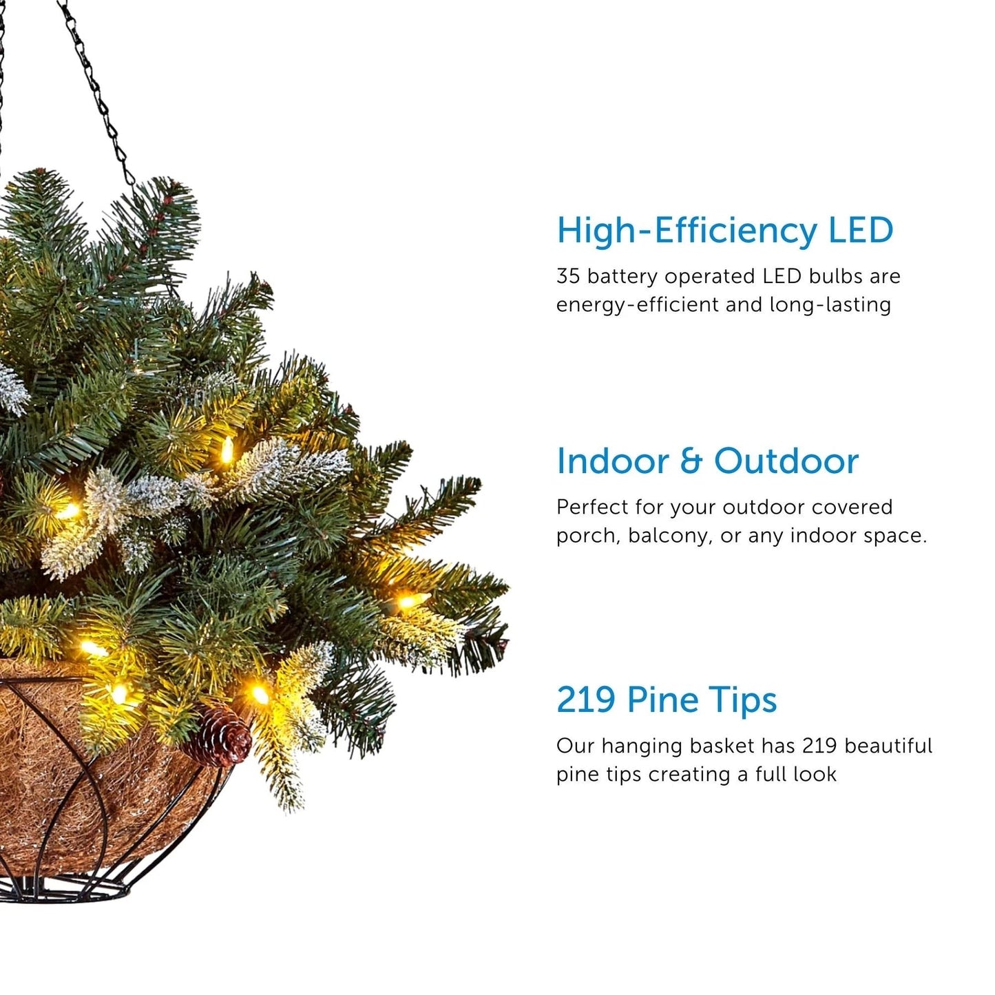 NOMA 24 Inch Evergreen Prelit Vienna Hanging Basket Indoor Outdoor Holiday Decor