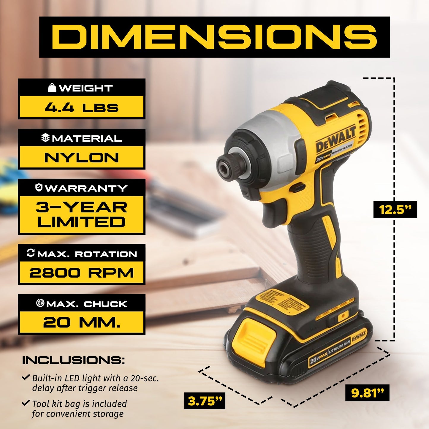 DeWalt 20V MAX Brushless Cordless Impact Driver Kit with Charger and Kit Bag