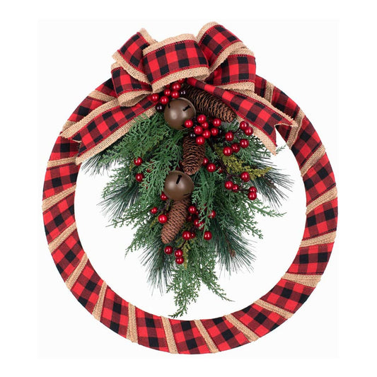 Haute Decor 18" Round Indoor/Outdoor Christmas Wreath w/Pinecones, Buffalo Check