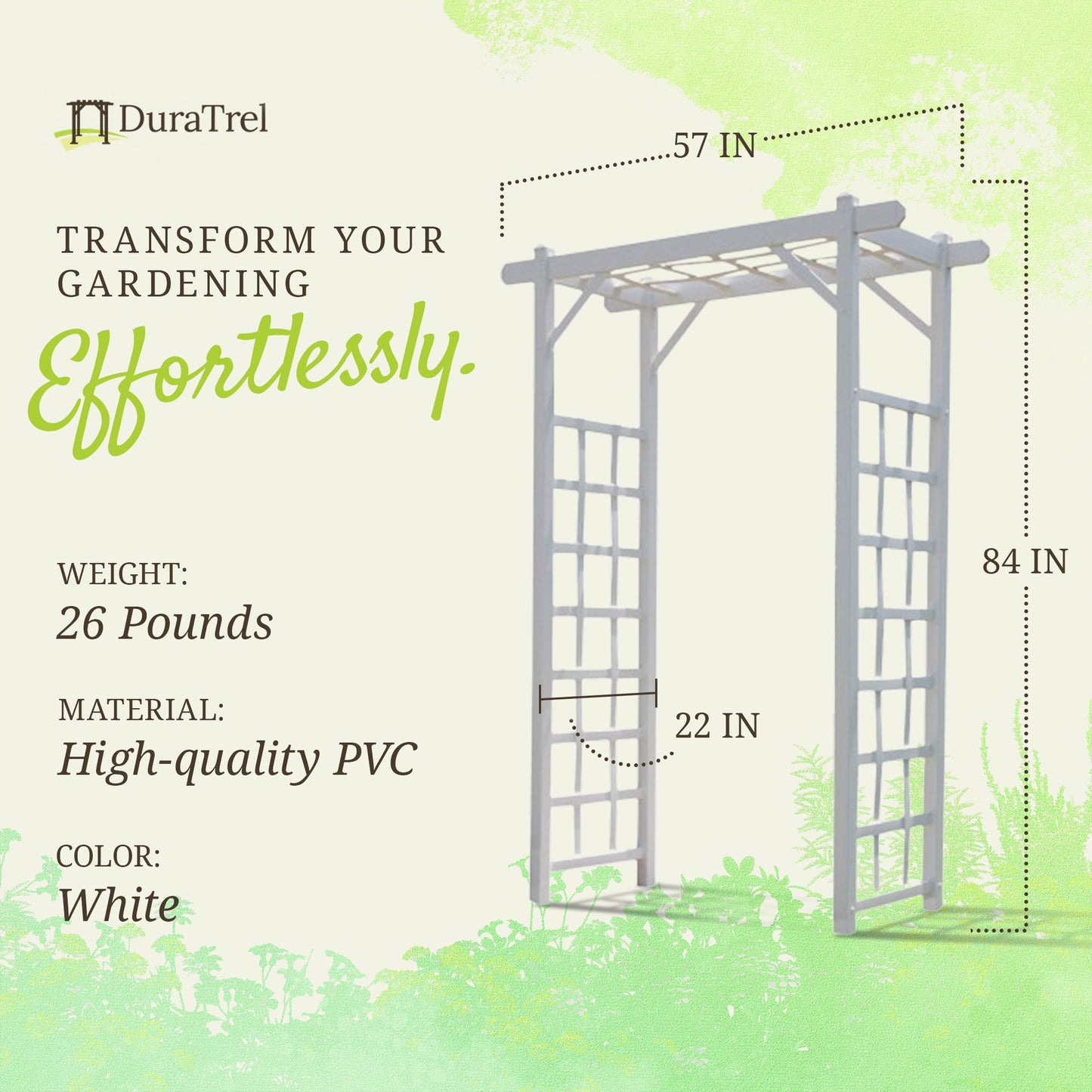 Dura-Trel Elmwood Arbor 57" x 84" PVC Outdoor Garden Arch Lattice Trellis, White