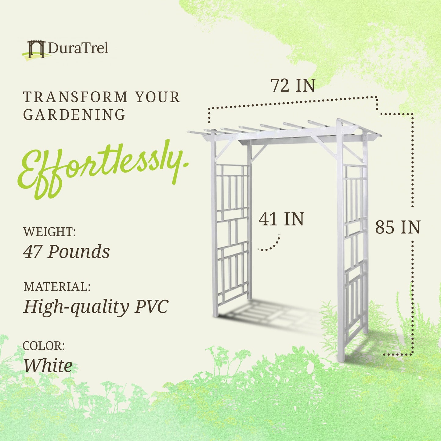 Dura-Trel Wellington Arbor 72" x 85" Outdoor Garden Arch Lattice Trellis, White