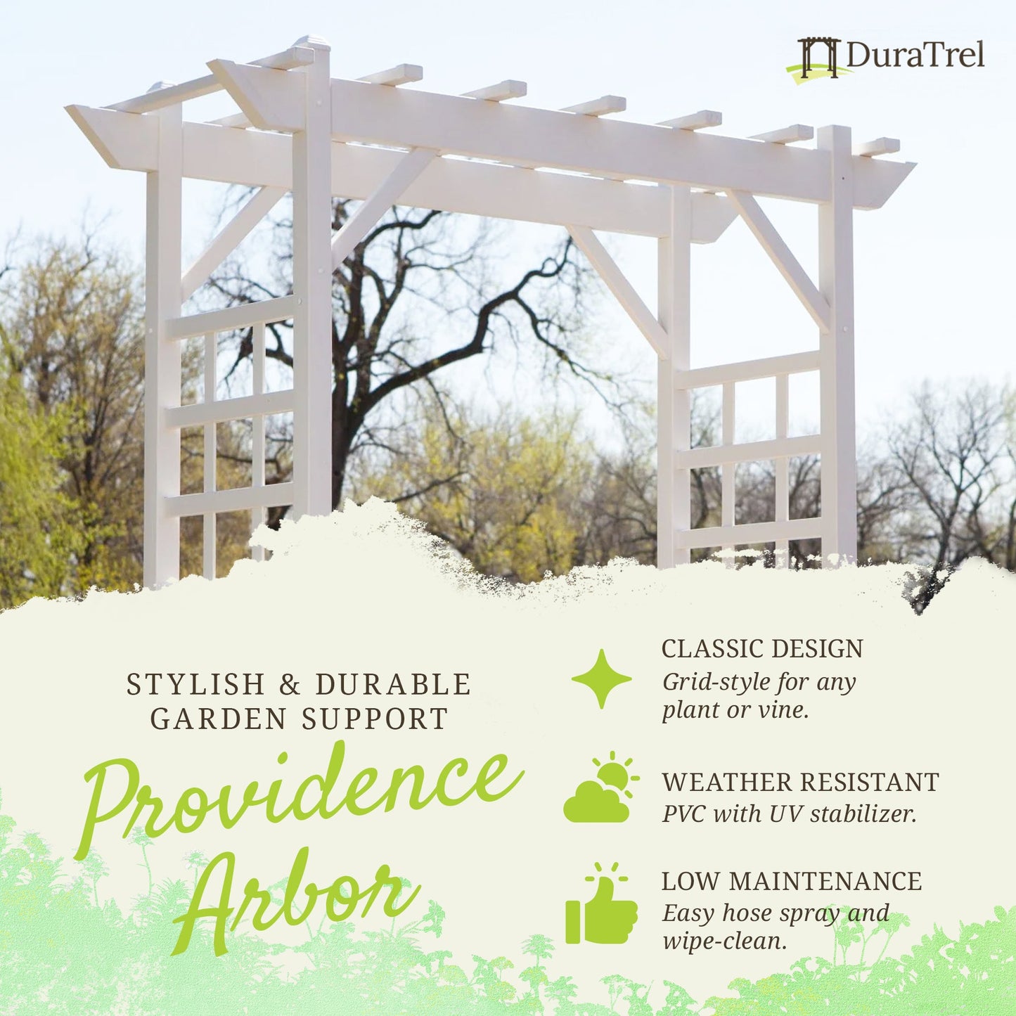 Dura-Trel Providence Arbor 64" x 85" PVC Outdoor Garden Arch Trellis, White