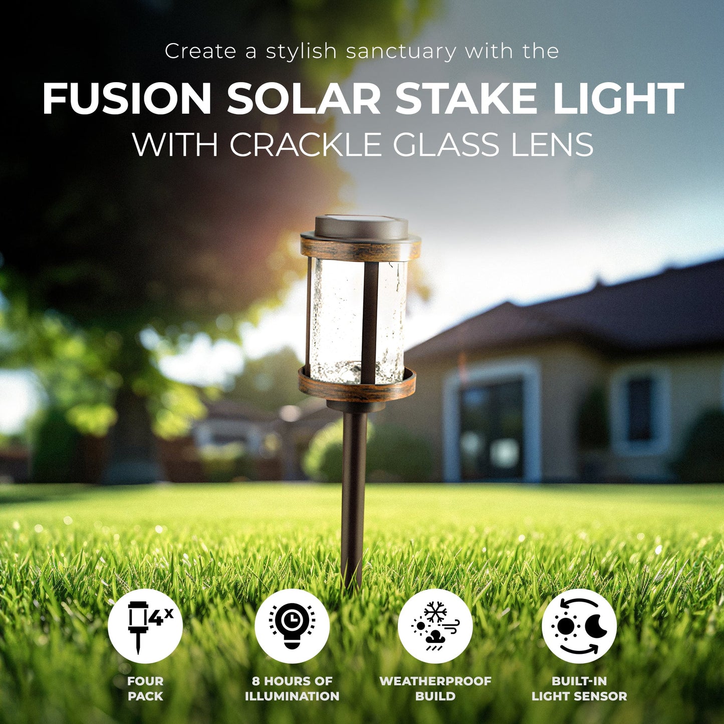 Fusion Solar Stake Light with Crackle Glass Lens, Bronze/Woodgrain (4 Pack)