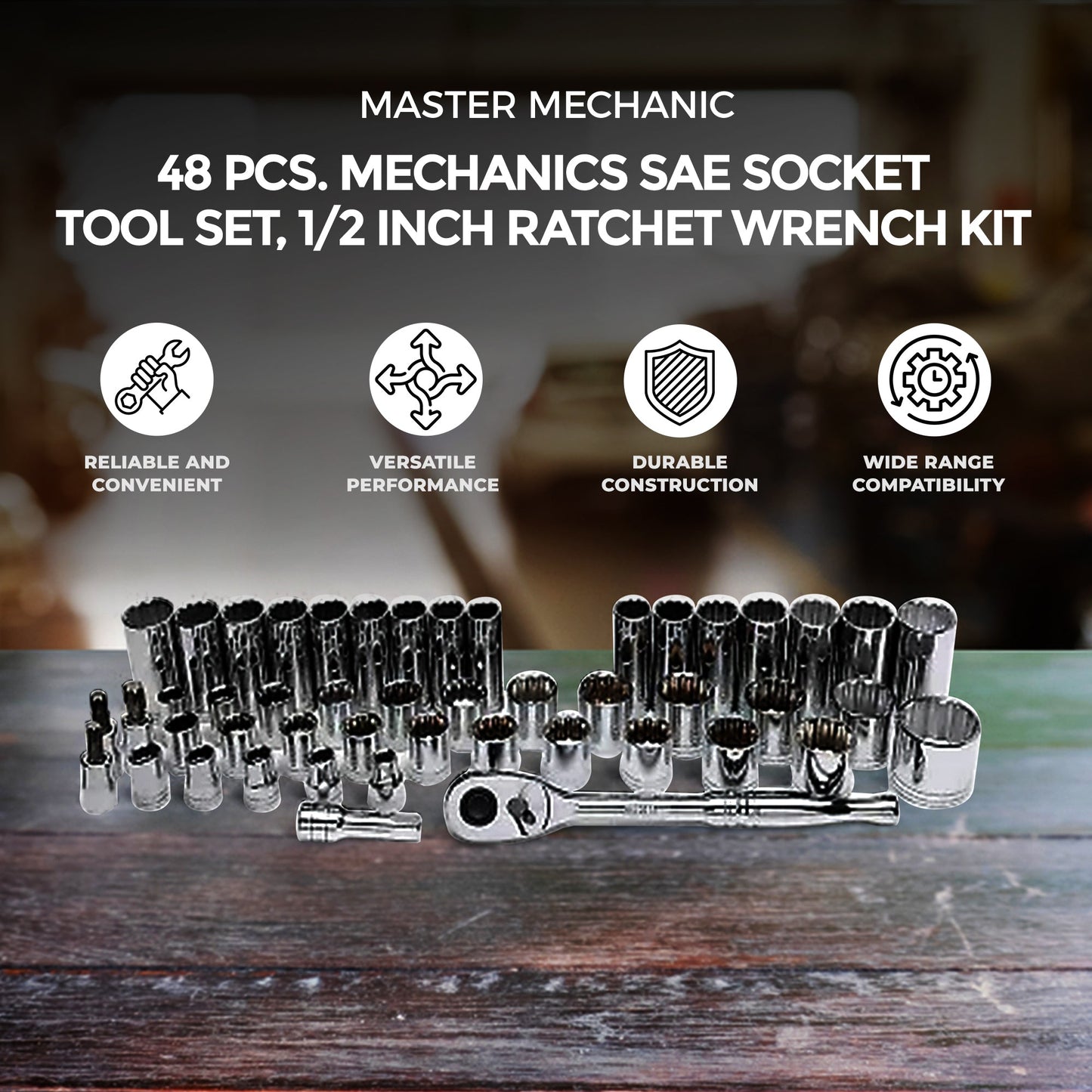 Master Mechanic 48 Piece SAE/Metric Socket Tool Set, 1/2 Inch Drive Ratchet Kit