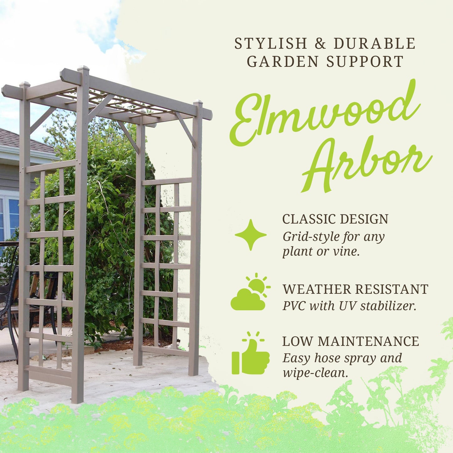 Dura-Trel Elmwood Arbor 57" x 84" PVC Outdoor Garden Arch Lattice Trellis, Mocha