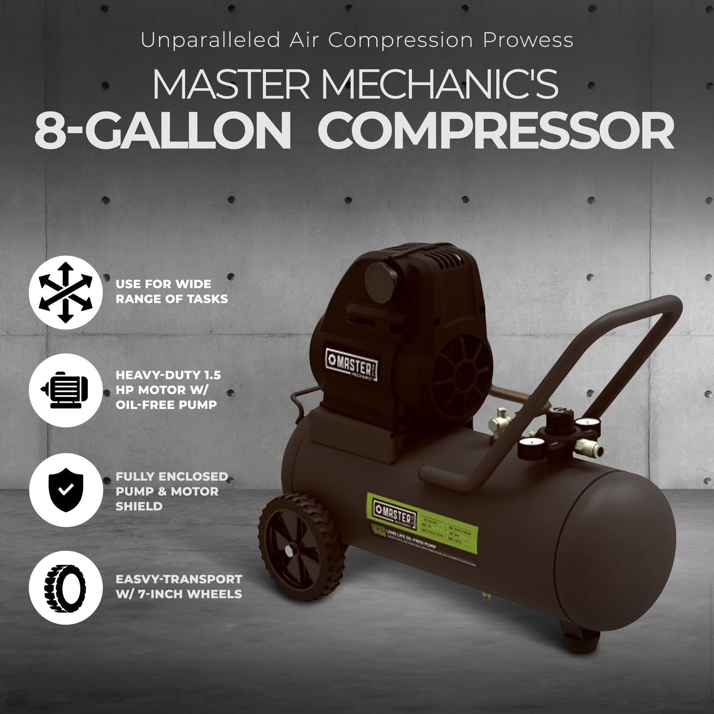 Master Mechanic 8 Gallon Portable Oil Free Air Compressor with Enclosed Motor