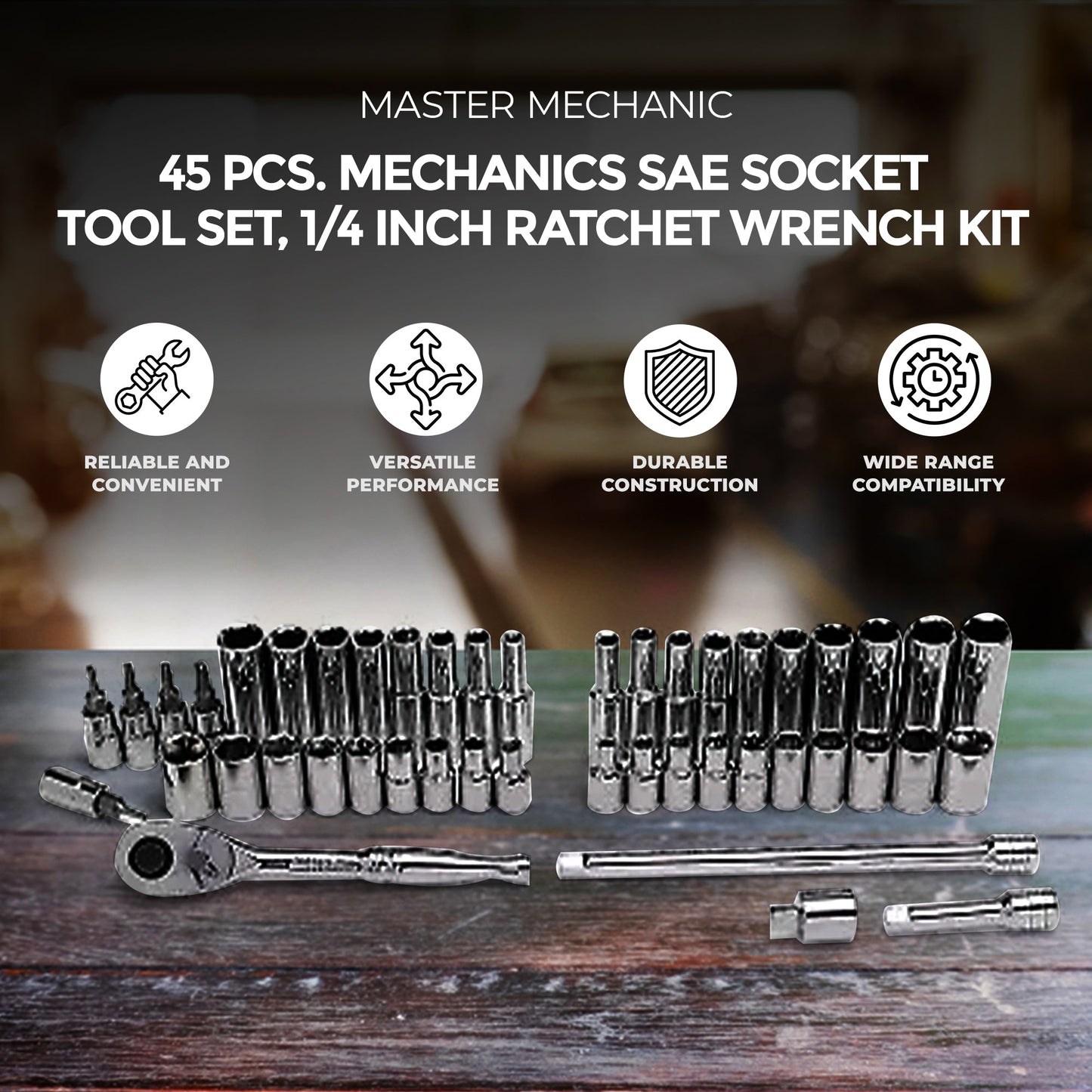 Master Mechanic 45-Piece SAE Socket Tool Set, 1/4 Inch Drive, Ratchet Wrench Kit