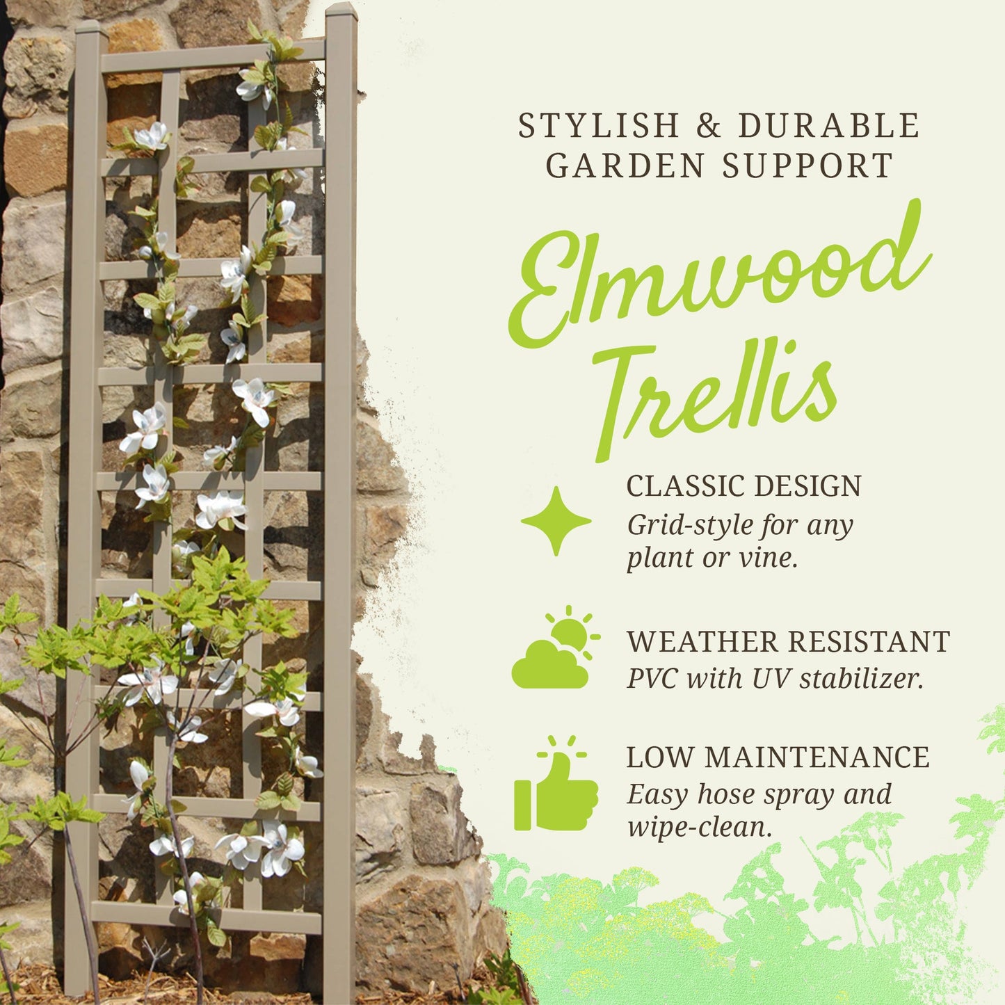 Dura-Trel Elmwood 22 by 75 Inch Indoor Outdoor Garden Trellis w/Ground Anchors, Plant Support for Vines, Climbing Plants, Flowers, & Vegetables, Mocha