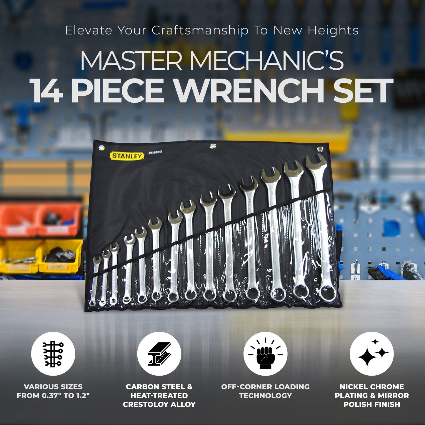 Master Mechanic 14 Piece Nickel Chrome Plated Finish SAE Combination Wrench Set