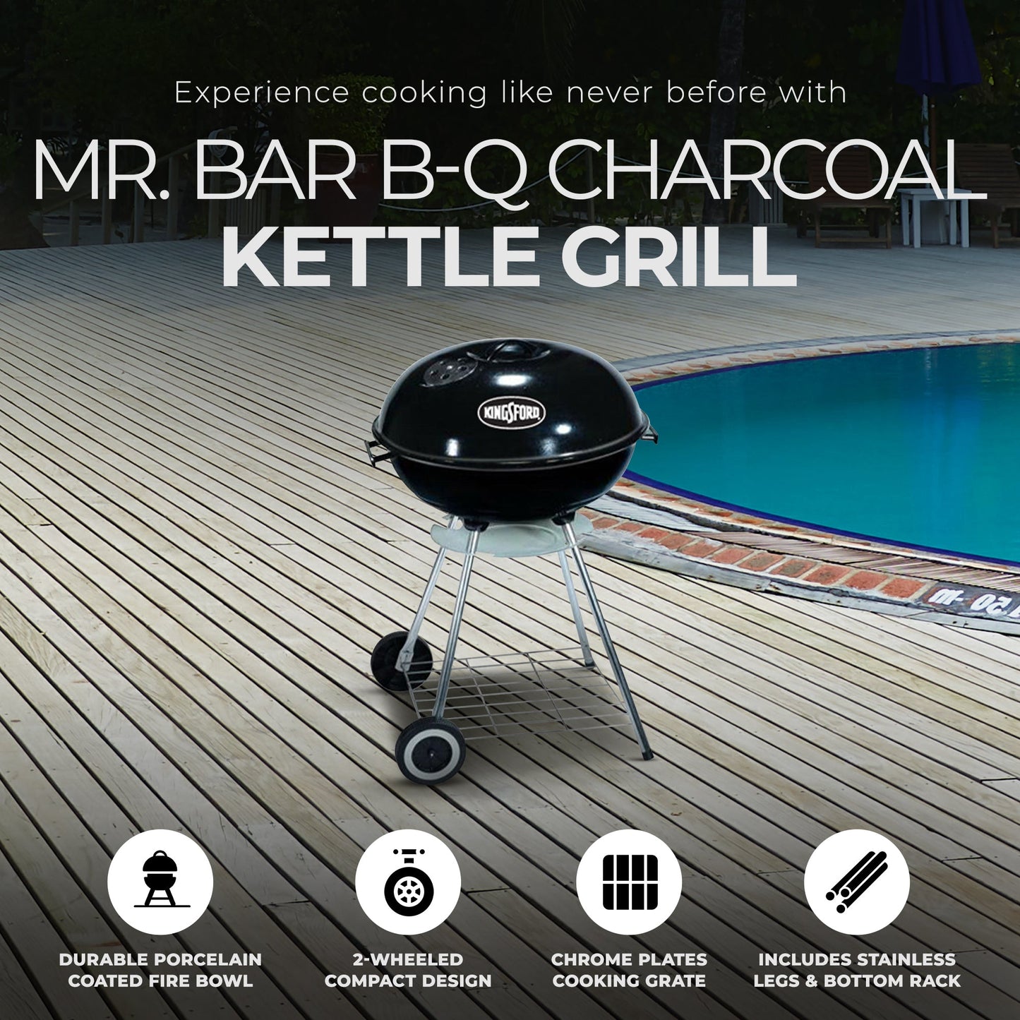 Mr Bar-B-Q Charcoal Kettle Grill 17 Inch Round Porcelain Coated Fire Bowl, Black