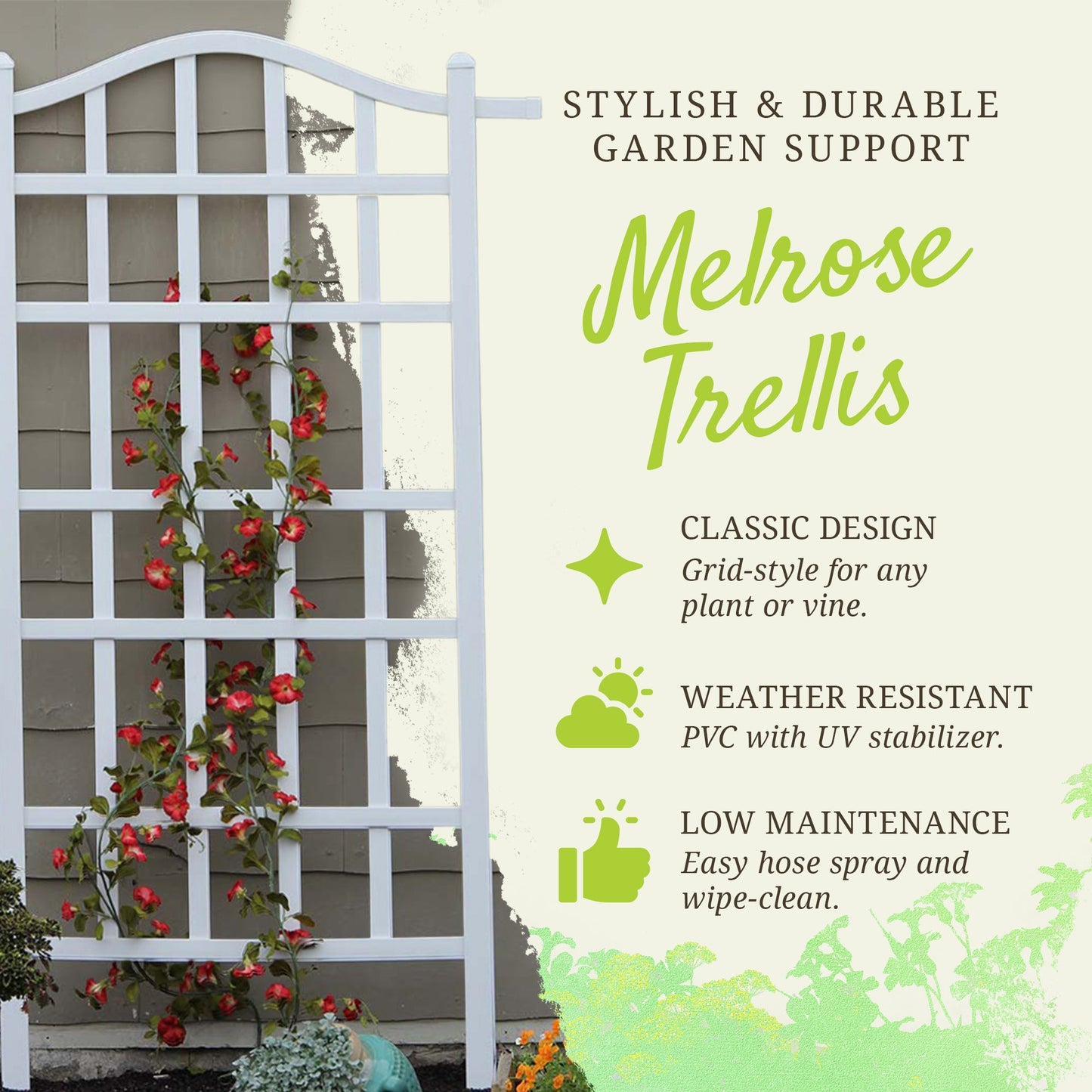 Dura-Trel Melrose 35 x 75 Inch Vinyl Outdoor Garden Patio Plant Trellis, White