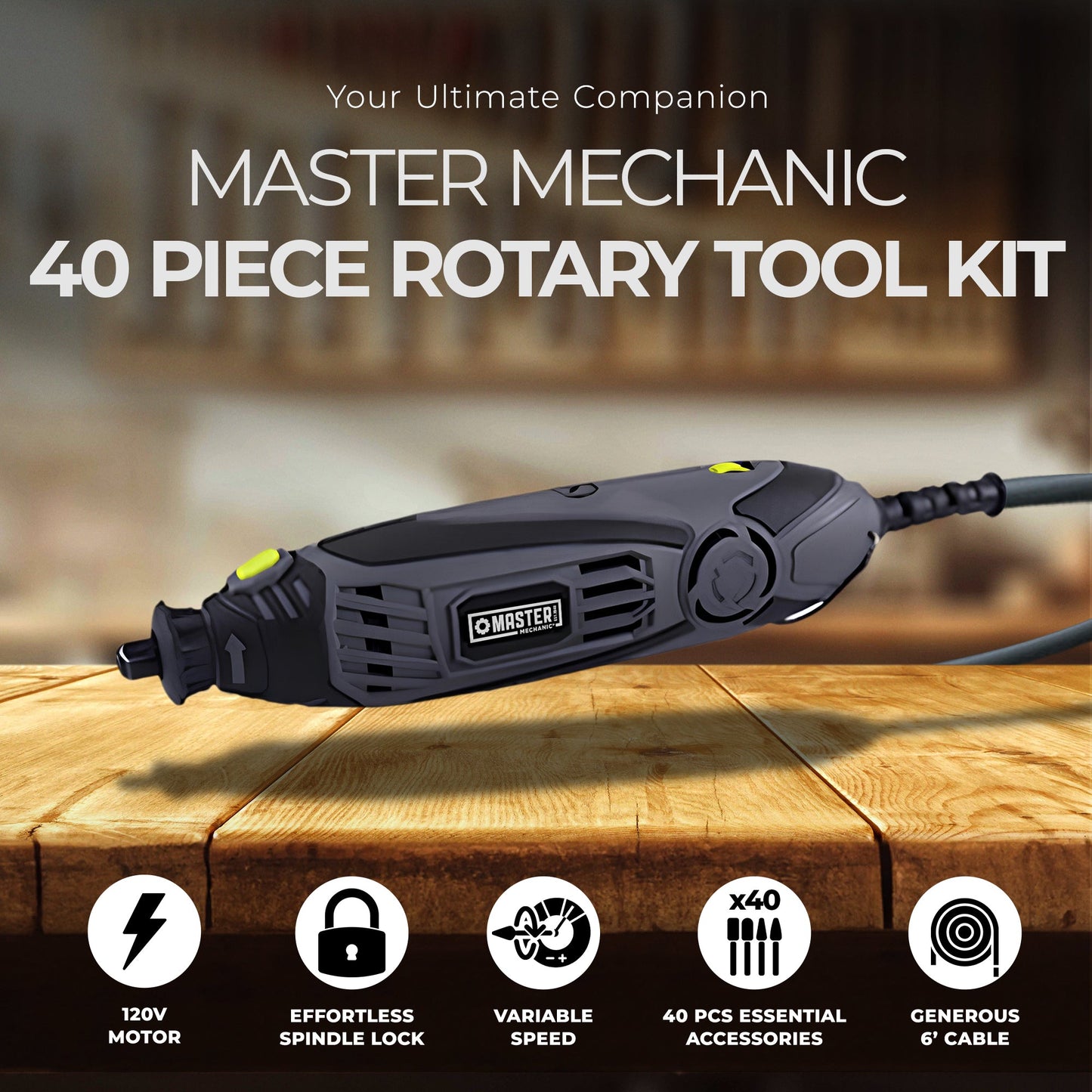 Master Mechanic 40 Piece Rotary Tool w/ Accessories Kit and Spindle Lock Design