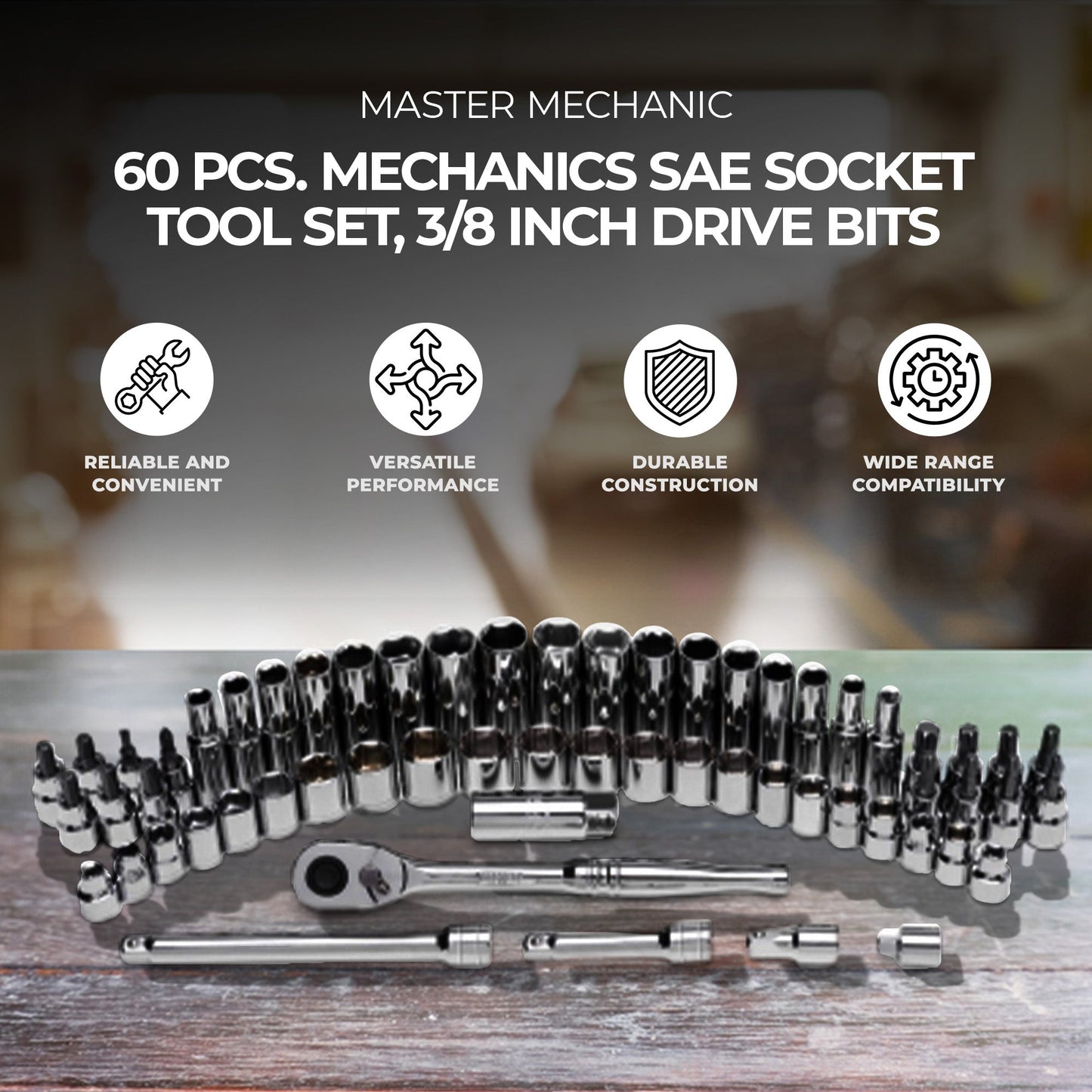 Master Mechanic 60 Piece Mechanics SAE Socket Tool Set, 3/8 Inch Drive Bits