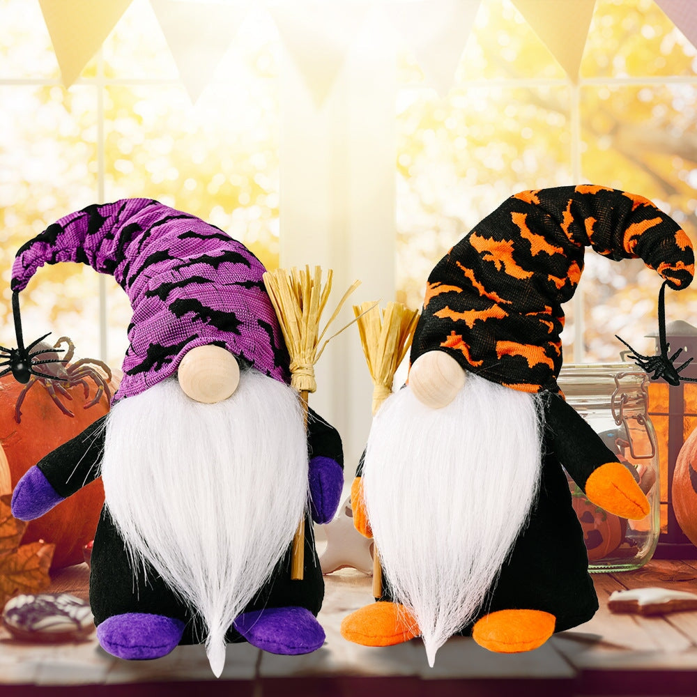 Halloween Gnome Set with Bat and Spider Accents, Orange and Purple Individual Gnomes Holding Broom