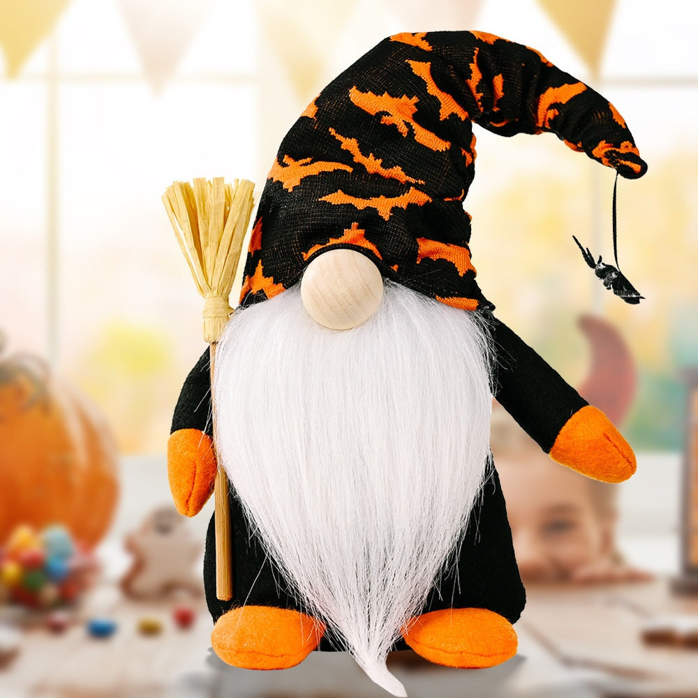 Halloween Gnome Set with Bat and Spider Accents, Orange and Purple Individual Gnomes Holding Broom