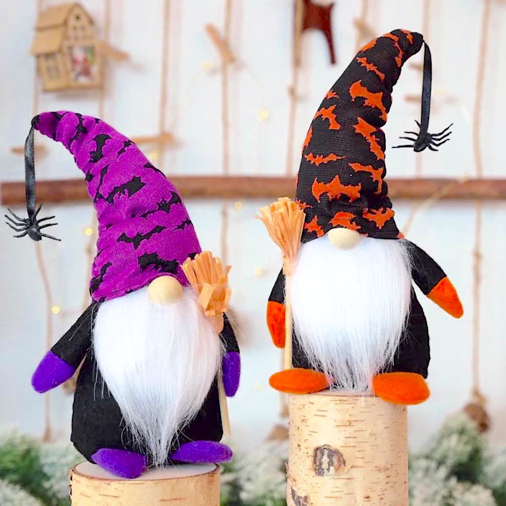 Halloween Gnome Set with Bat and Spider Accents, Orange and Purple Individual Gnomes Holding Broom