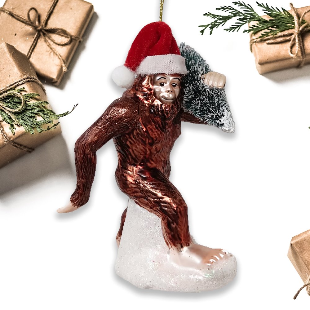 Holiday Forest Dweller Bigfoot Glass Christmas Ornament, Yeti and Sasquatch Tree Thief