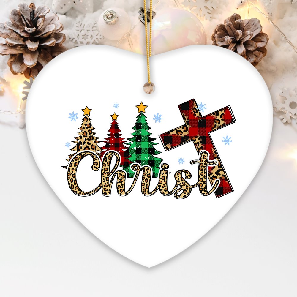 Religious Theme Plaid Ceramic Heart Christmas Ornament Bundle, Jesus and Christian Nativity