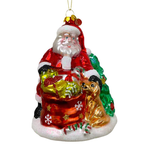 Santa with Dog and Giant Gift Bag Glass Christmas Ornament