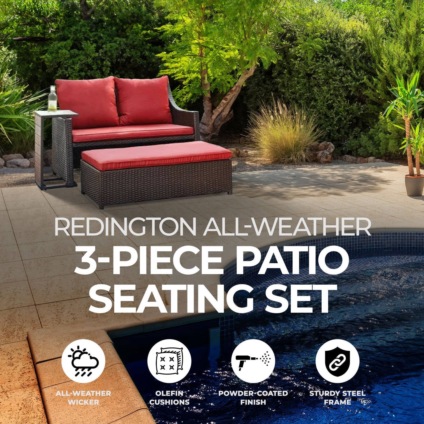 Four Seasons Courtyard Redington All-Weather 3-Piece Patio Seating Set, Red