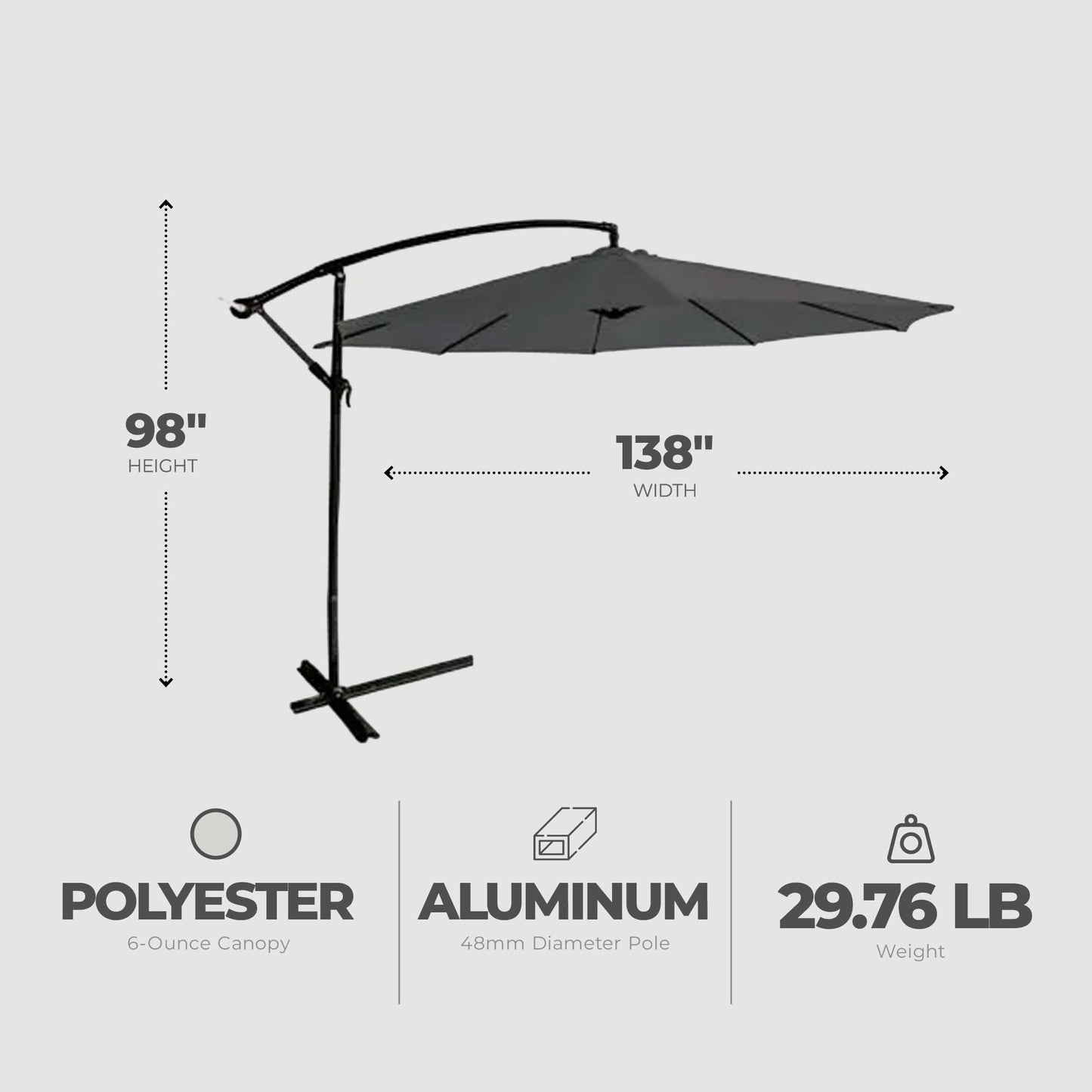 Four Seasons Courtyard 11.5 Foot Offset Patio Umbrella, Charcoal Gray Fabric