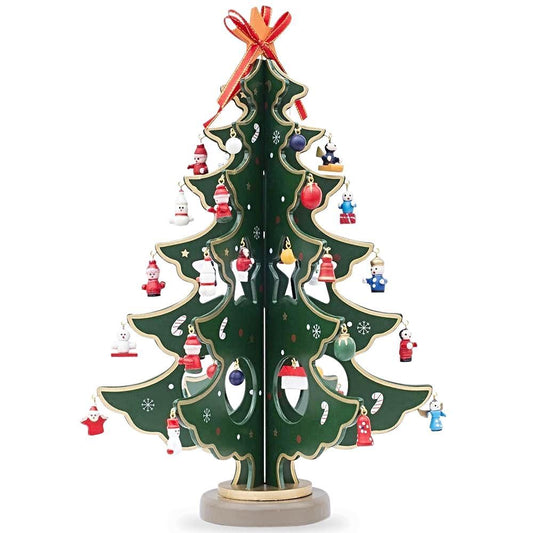 Traditional Wooden Tabletop Christmas Tree 32 German Style Mini Christmas Ornaments, 12.5 Inches Tall