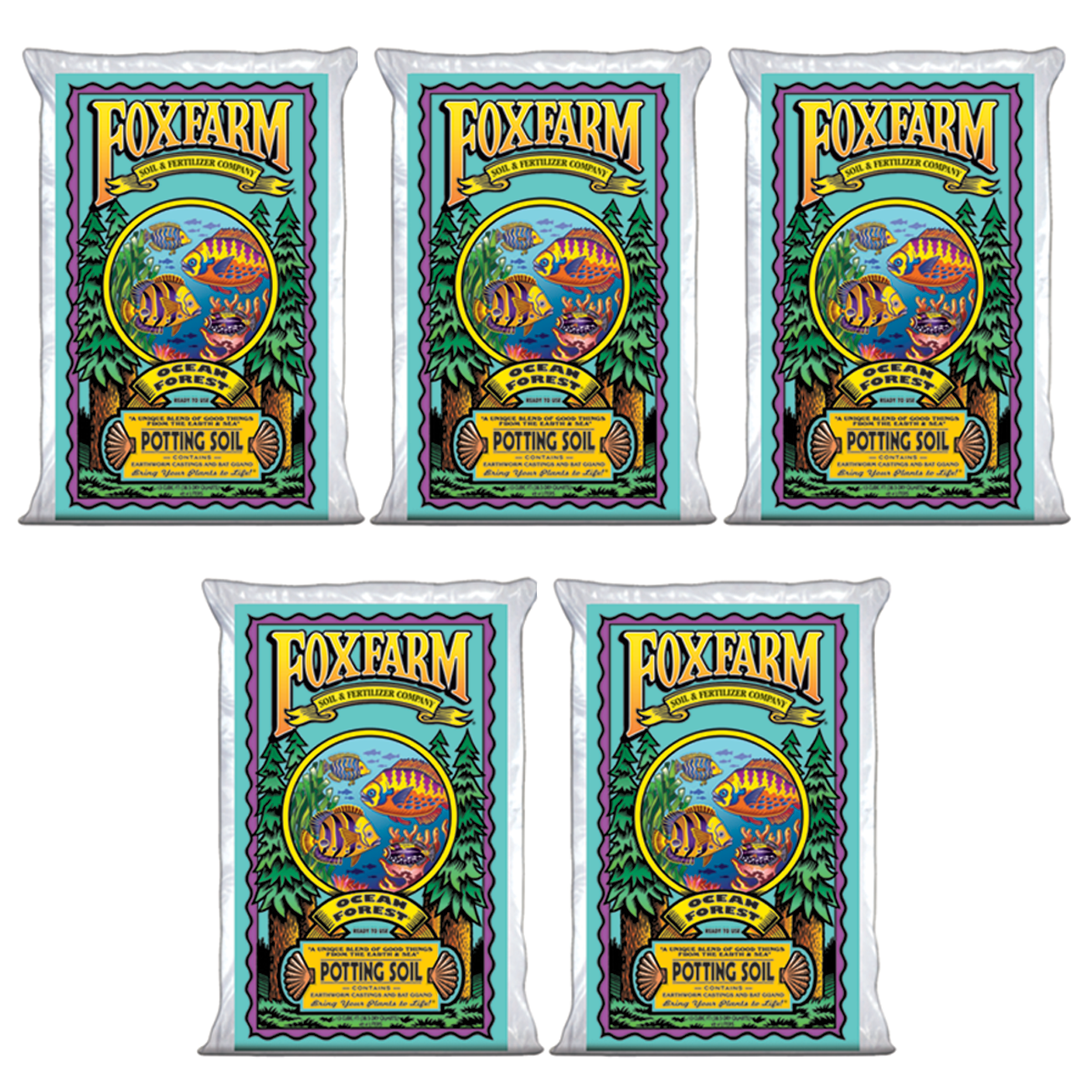 Foxfarm Ocean Forest Garden Potting Soil Bags 6.3-6.8 pH, 1.5 Cubic Feet, 5 Pack