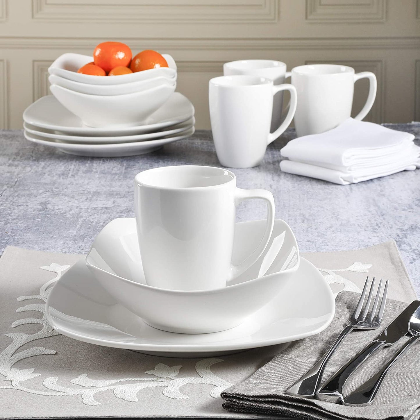 Gibson Zen Buffetware 12 Piece Square Dinnerware Plate, Bowl, & Mug Set, White