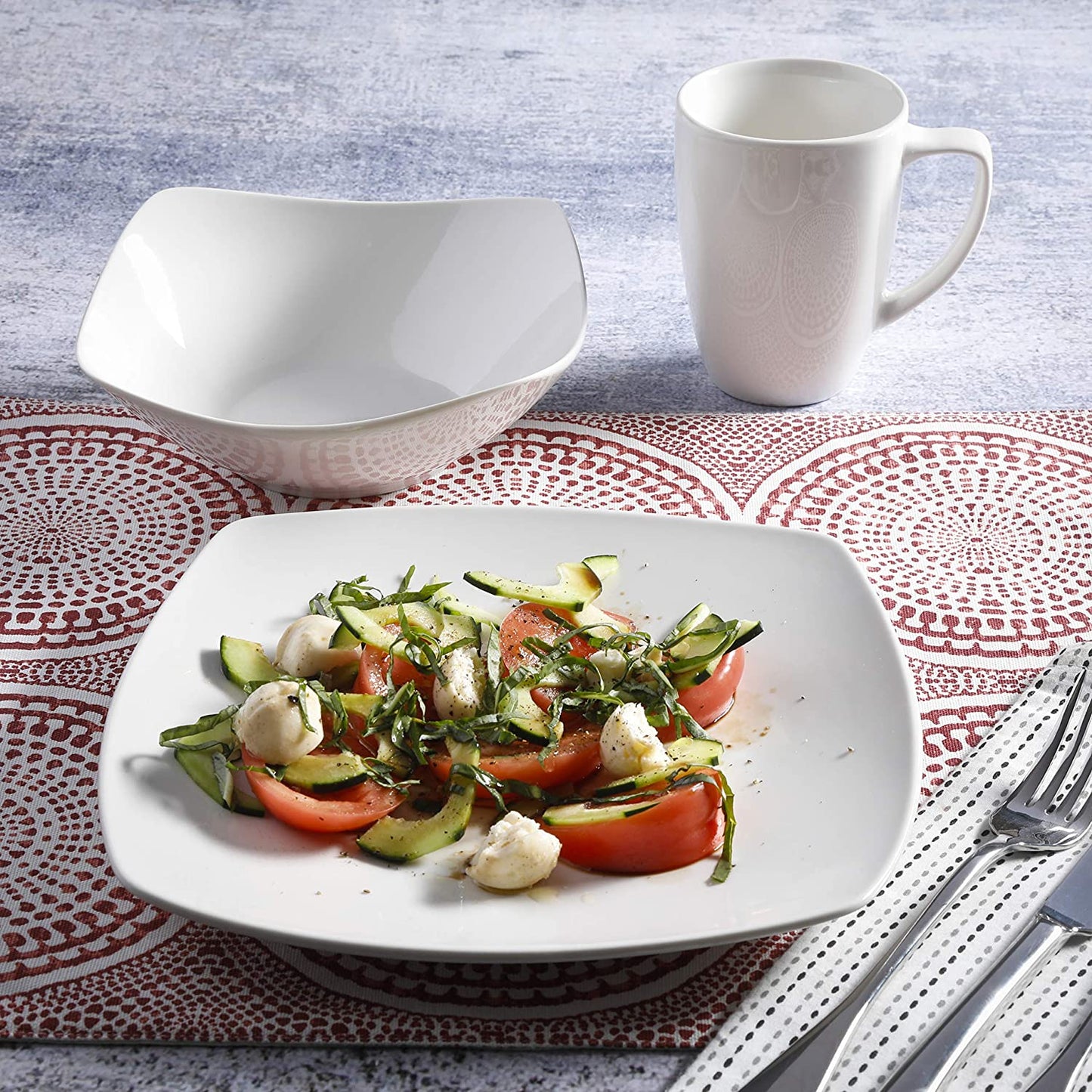 Gibson Zen Buffetware 12 Piece Square Dinnerware Plate, Bowl, & Mug Set (2 Pack)