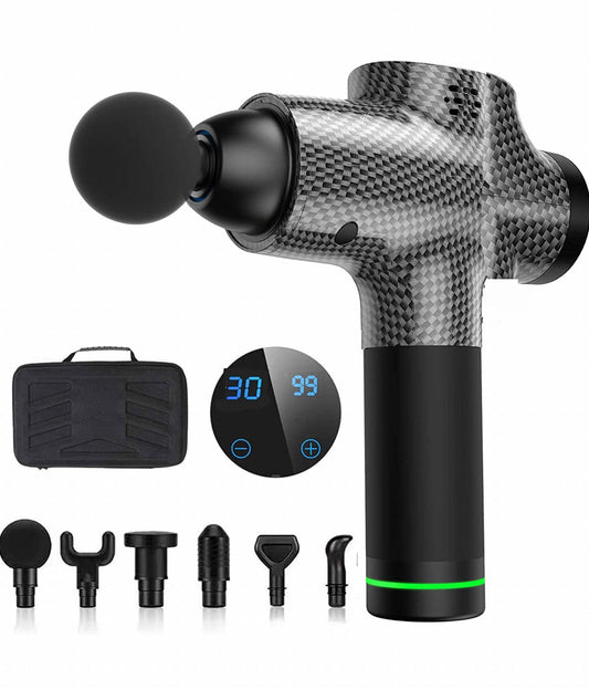 Massage Gun for Athletes, Portable Fiber Carbon Massager Gun with 6 Massage Heads 20 Speed