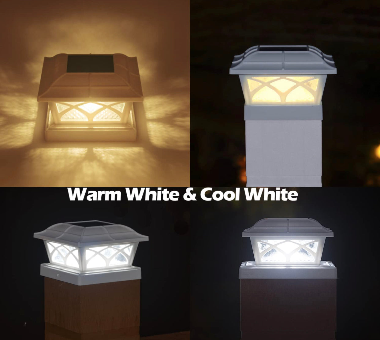 Solar Post Cap Lights Outdoor Glass 2 Modes 8 LEDs for 4x4 5x5 6x6 Posts Fence Deck Patio Decoration Warm White/Cool White (2 Pack)