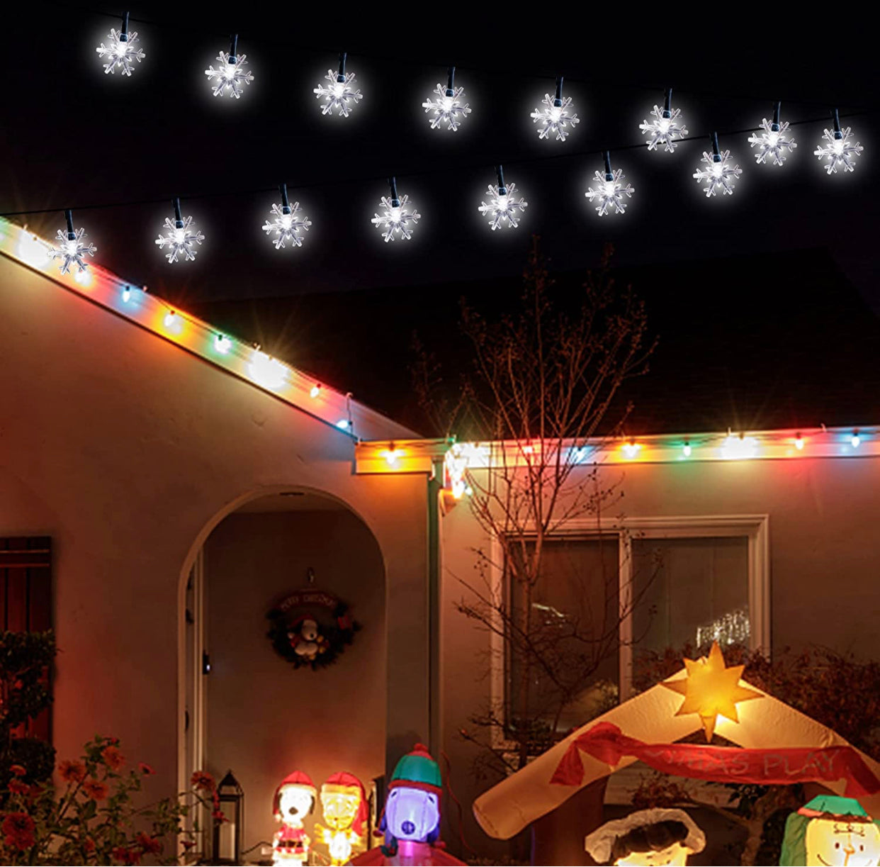 33Ft Solar Snowflake Twinkle Star String Lights, 100 LED Outdoor 8 Lighting Modes & Waterproof