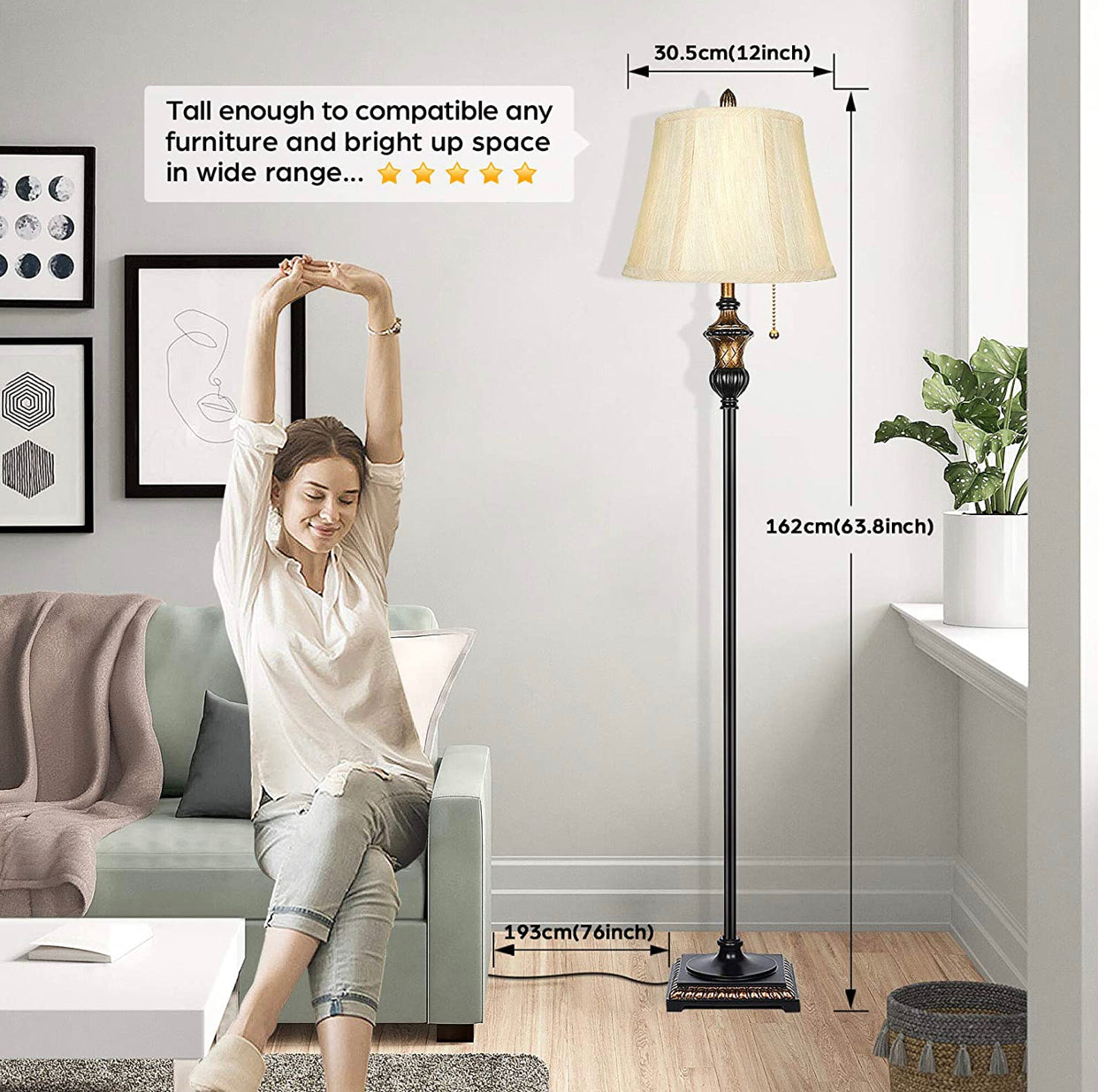 Surfhia - Free Standing Elegant Floor Lamp - Bell Shape Fabric Shade - LED Bulb Included - Bronze