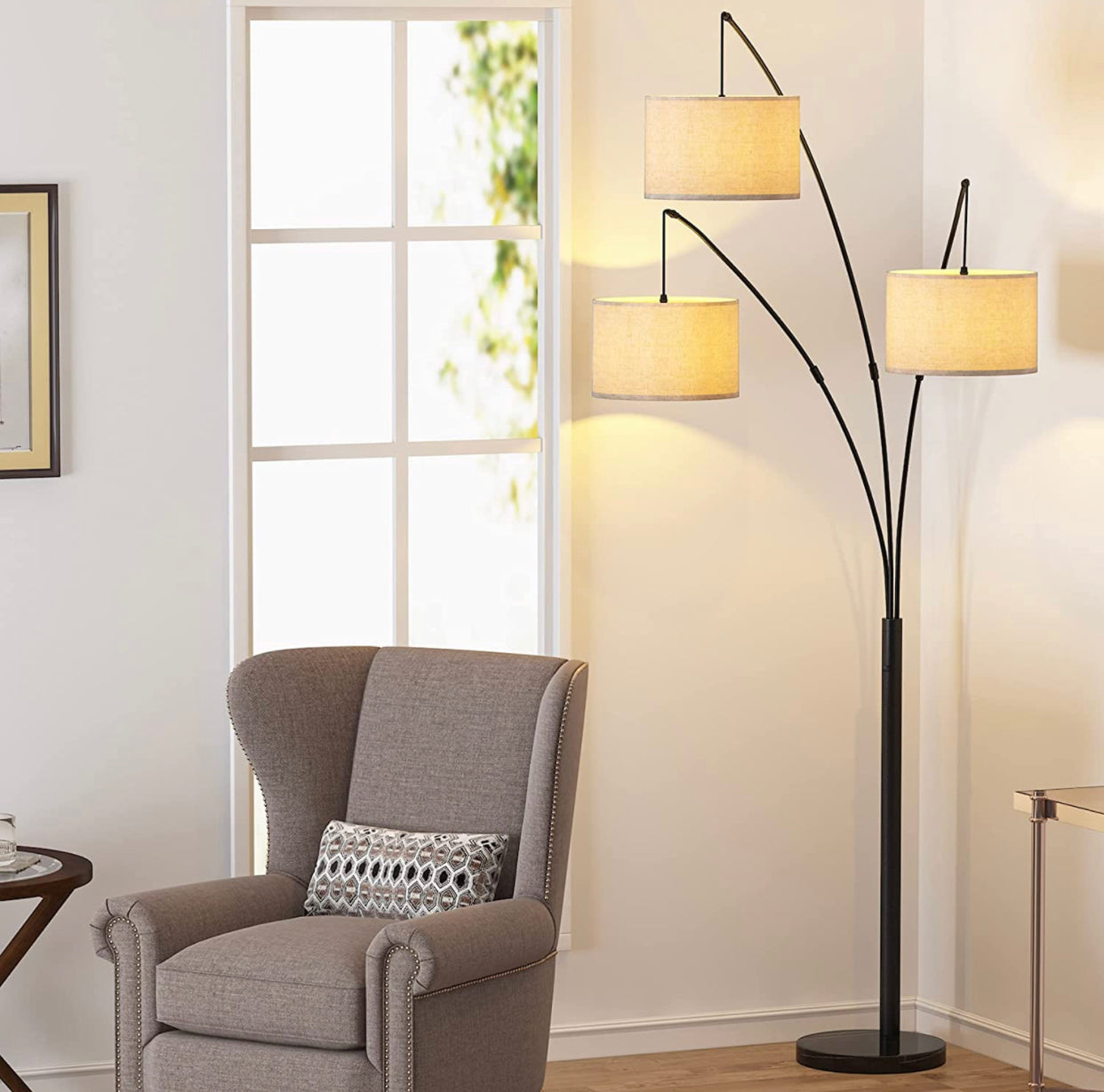 Modern Arc Floor Lamp w/ Marble Base -- 3 Lights Hanging Over The Couch from Behind - Multi Head Arching Tree Lamp -Oil Rubbed Bronze