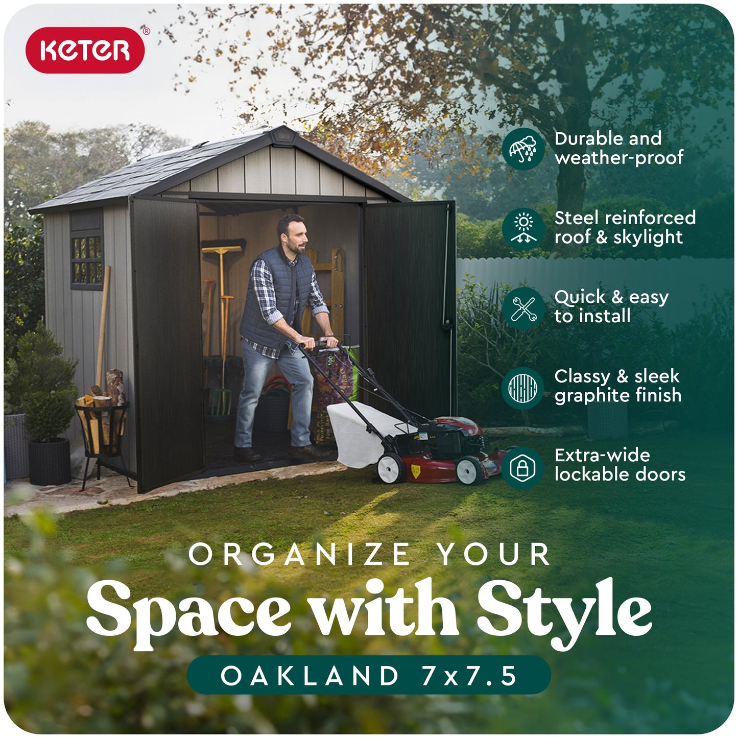 Keter Oakland 7 x 7.5 Foot Outdoor Garden Tool Storage Shed with Windows, Gray