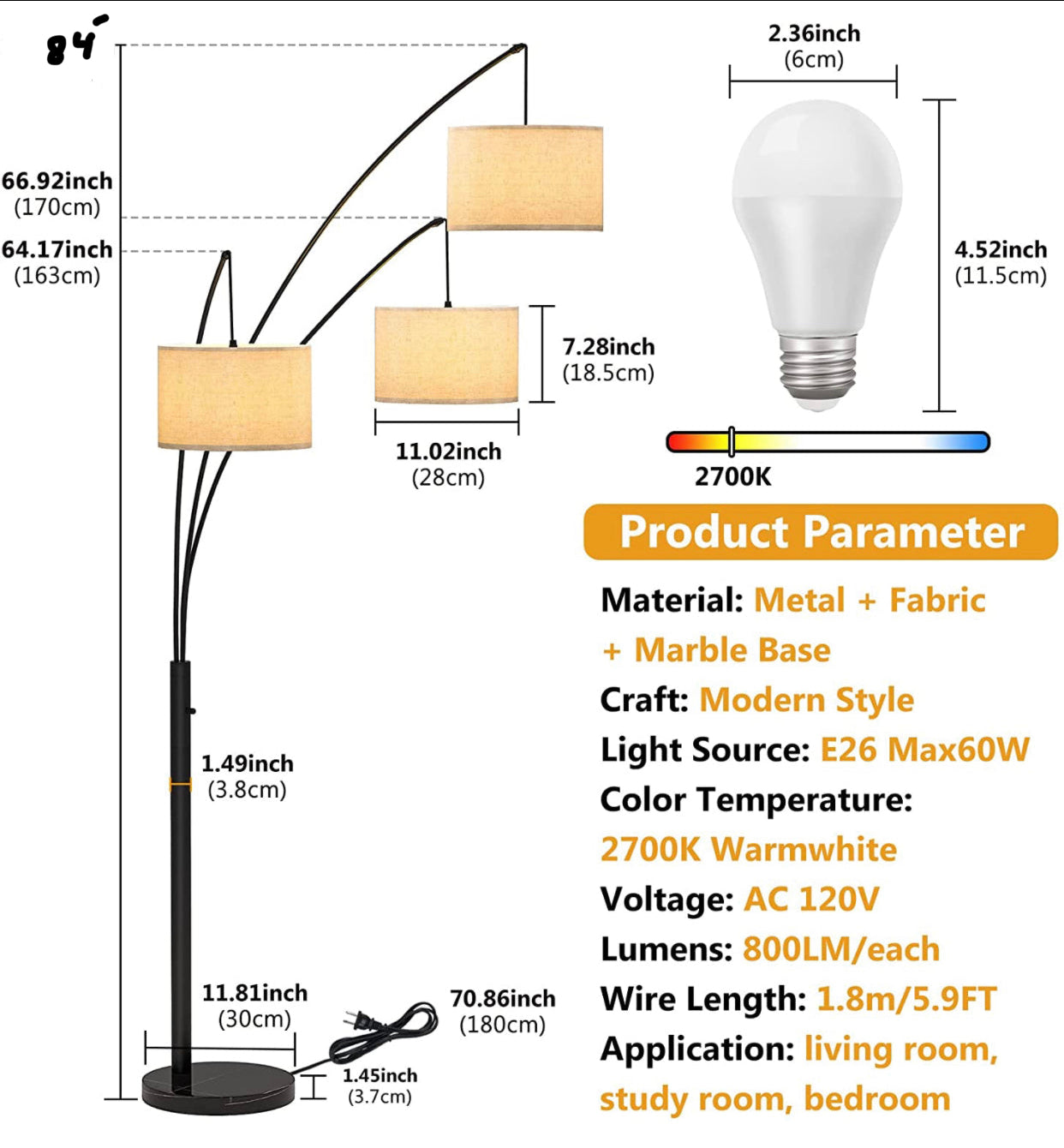 Modern Arc Floor Lamp w/ Marble Base -- 3 Lights Hanging Over The Couch from Behind - Multi Head Arching Tree Lamp -Oil Rubbed Bronze