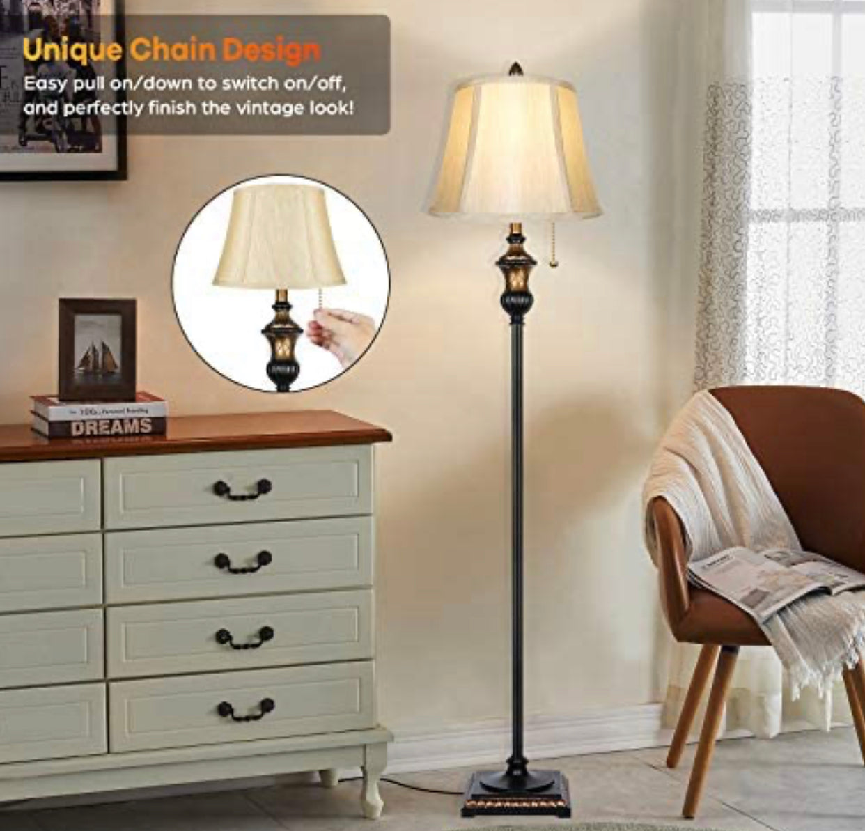 Surfhia - Free Standing Elegant Floor Lamp - Bell Shape Fabric Shade - LED Bulb Included - Bronze