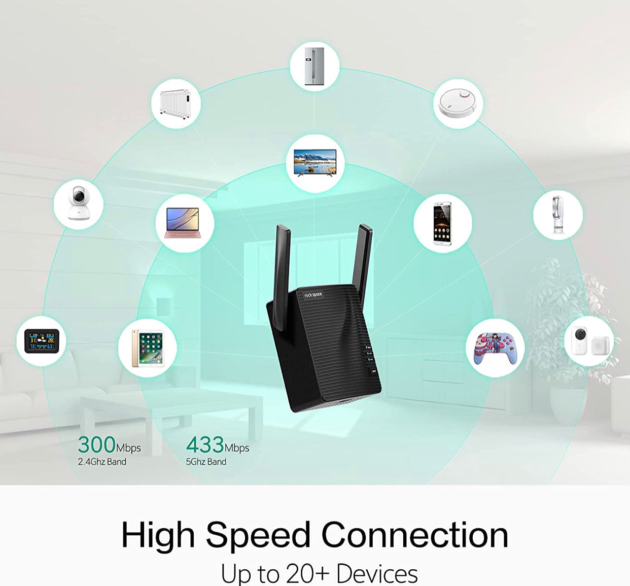 rockspace WiFi Extender - Dual-band Wifi Range Extender with erthernet port, Access Point Mode, WPS Button Setup, 360° Full Coverage, Connected up to 20+ Devices