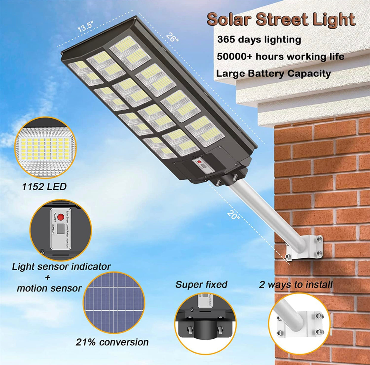 1200W Commercial Solar Street Light , 100000LM Parking Lot Light Commercial Dusk to Dawn With Remote