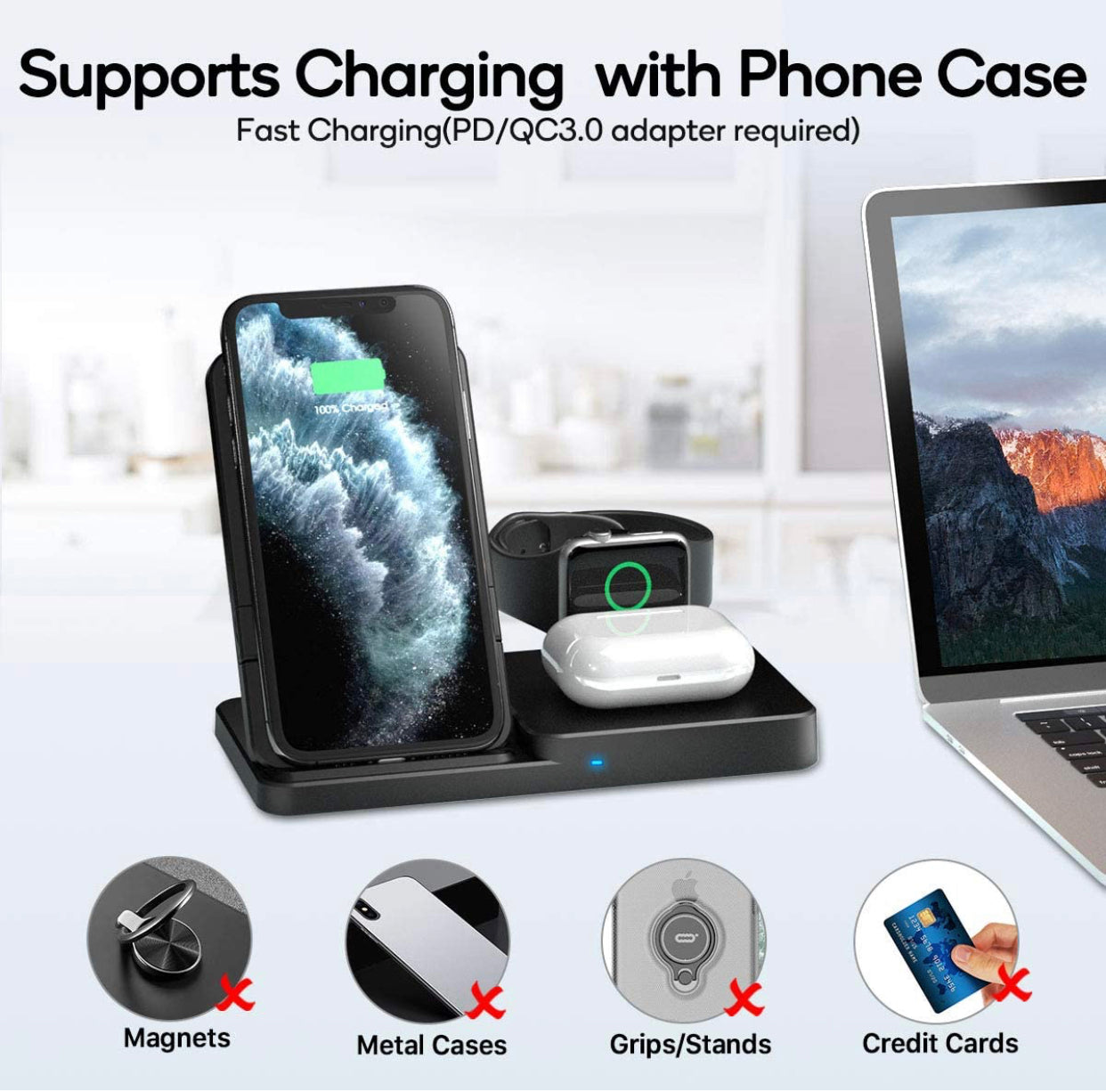 Wireless Charger, Qi-Certified Fast Wireless Charging Station for AirPods/Apple Watch Series/iPhone