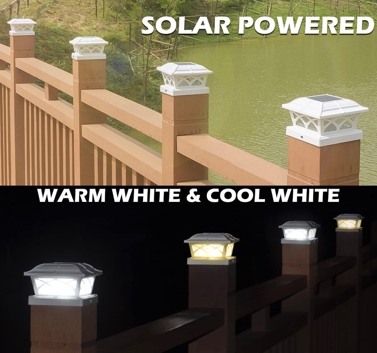 Solar Post Cap Lights Outdoor Glass 2 Modes 8 LEDs for 4x4 5x5 6x6 Posts Fence Deck Patio Decoration Warm White/Cool White (2 Pack)