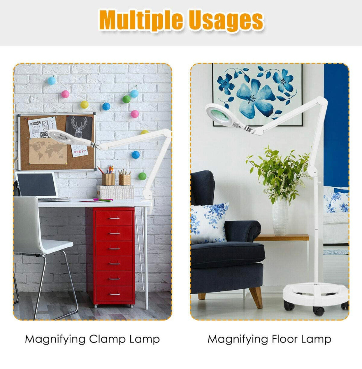 Magnifying Floor Lamp with 5 Wheels Rolling Base, 2.25X Magnifier with LED Light, 2-in-1