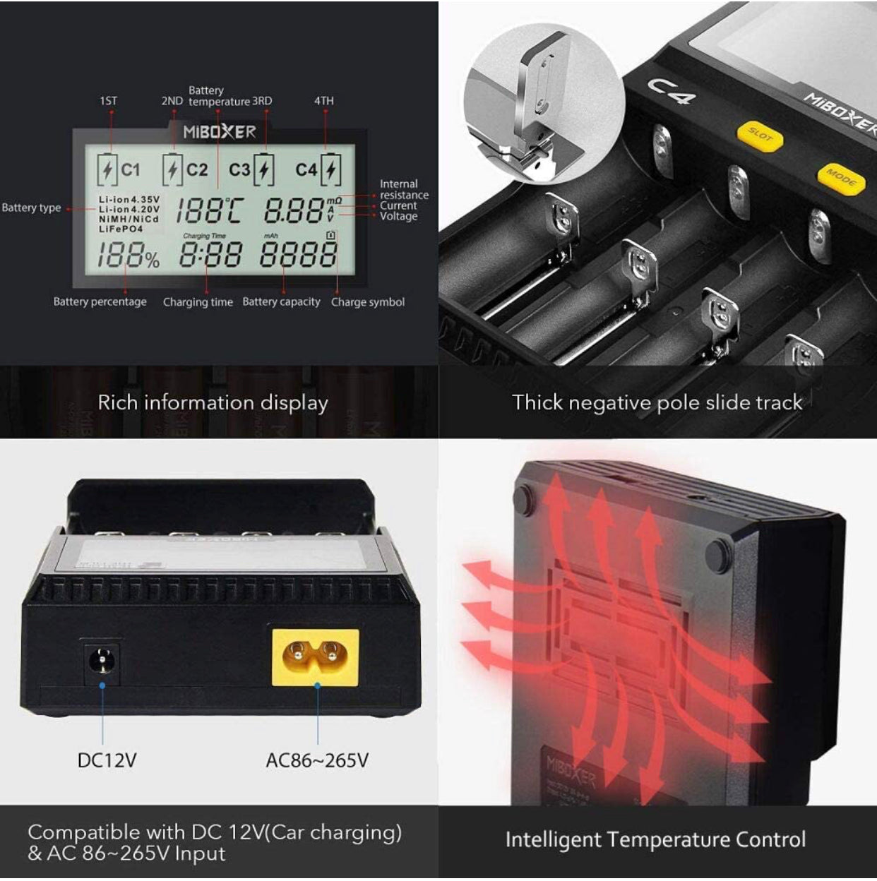 Original MiBOXER Smart Universal 4-Bay Charger, Automatic LCD Display,Fast Charging Rechargeable Li-ion LiFePO4 Ni-MH Ni-Cd AA AAA